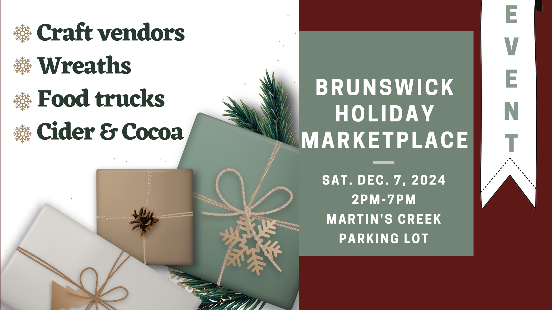 Brunswick Holiday Marketplace - Sat 12/7/2024, 2-7pm - Martin's Creek Parking Lot - Craft vendors, wreaths, food trucks, cider & cocoa