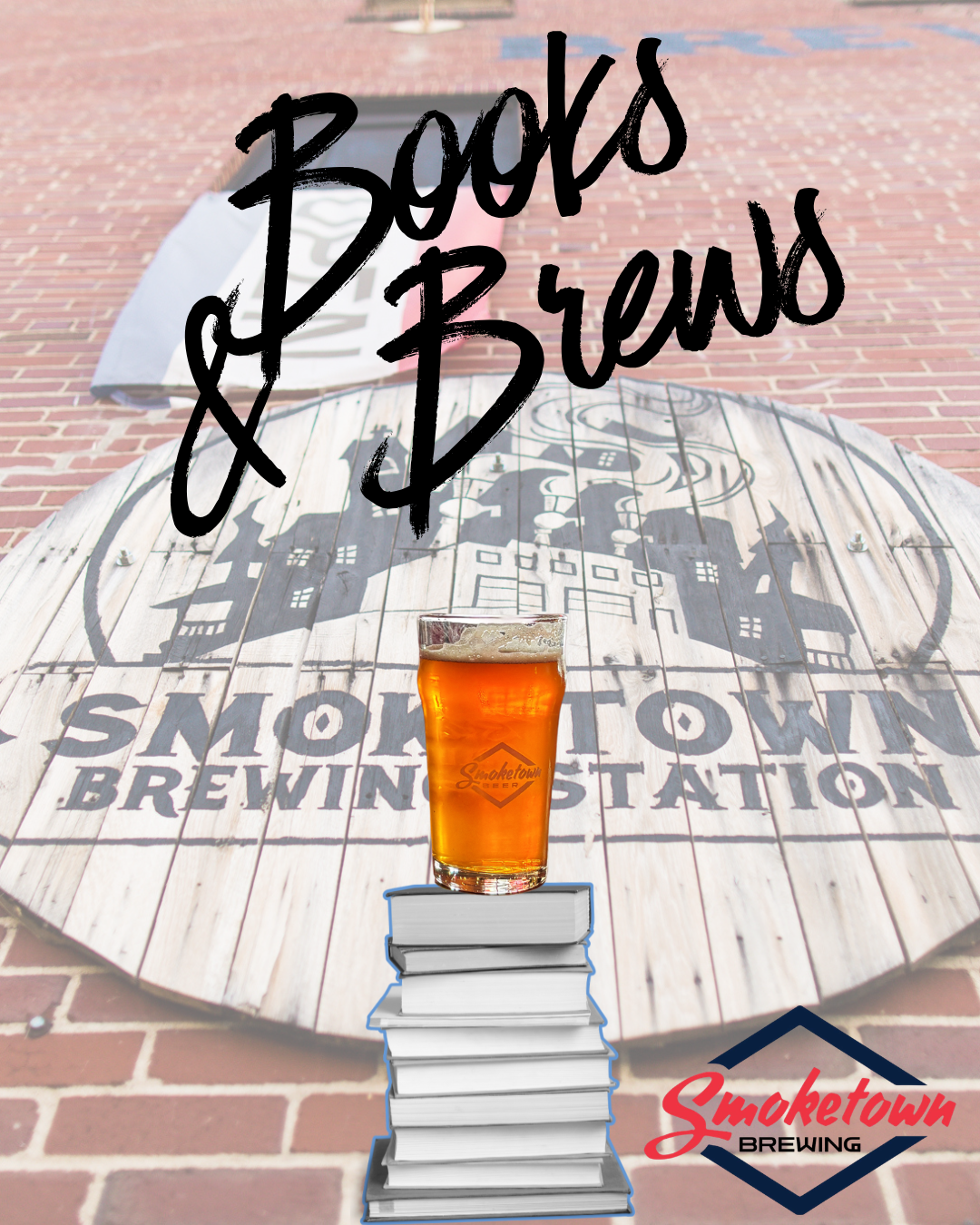 A graphic that says "Books & Brews", with an image of a beer and books.