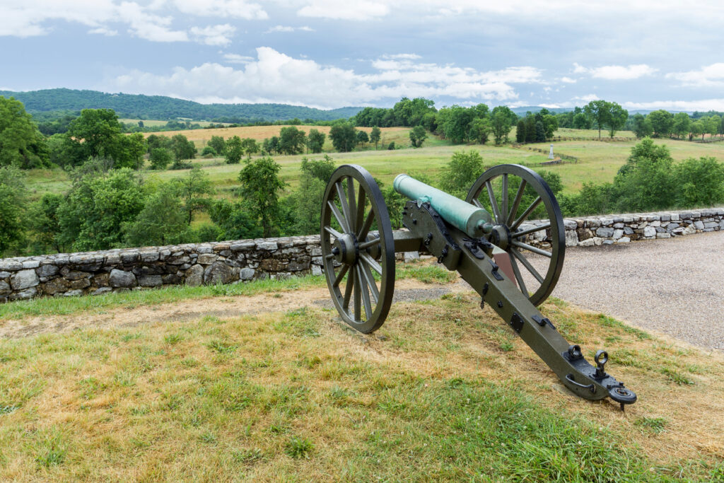 A canon stands in the rural countryside of Antietam battlefield in Maryland.
