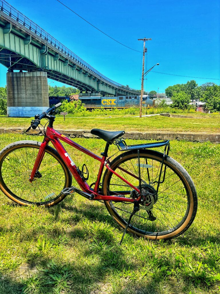 A parked bike on the C&O Canal Towpath in Brunswick, Maryland.