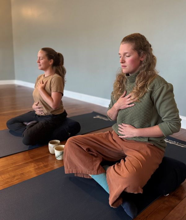 Two people practicing yoga in the Roots and River yoga studio in Brunswick, MD.