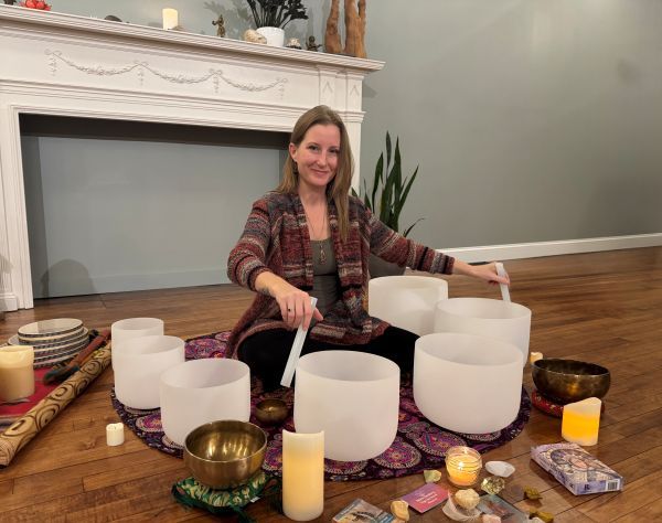 Sound bath in the Roots and River yoga studio in Brunswick, MD.